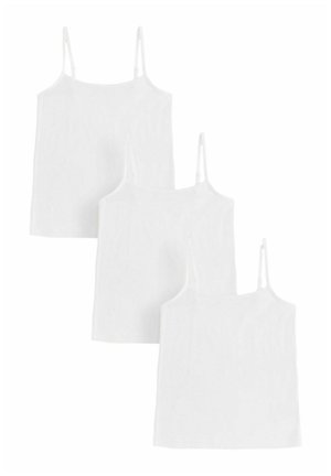 Three white tank tops are displayed, featuring spaghetti straps and a simple, smooth texture. They are in varying sizes and shapes.
