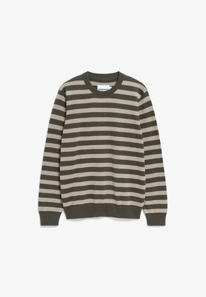 Olijfgroene en beige gestreepte trui met een ronde hals, geribde mouwen en zoom. Gemaakt van zacht, gestructureerd materiaal. Geen zichtbare logo's.