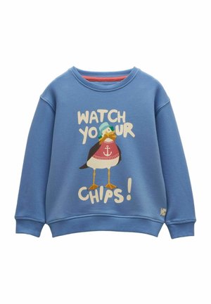 Blue children's sweatshirt featuring a duck wearing a hat and sweater, with the text "WATCH YOUR CHIPS!" on the front.