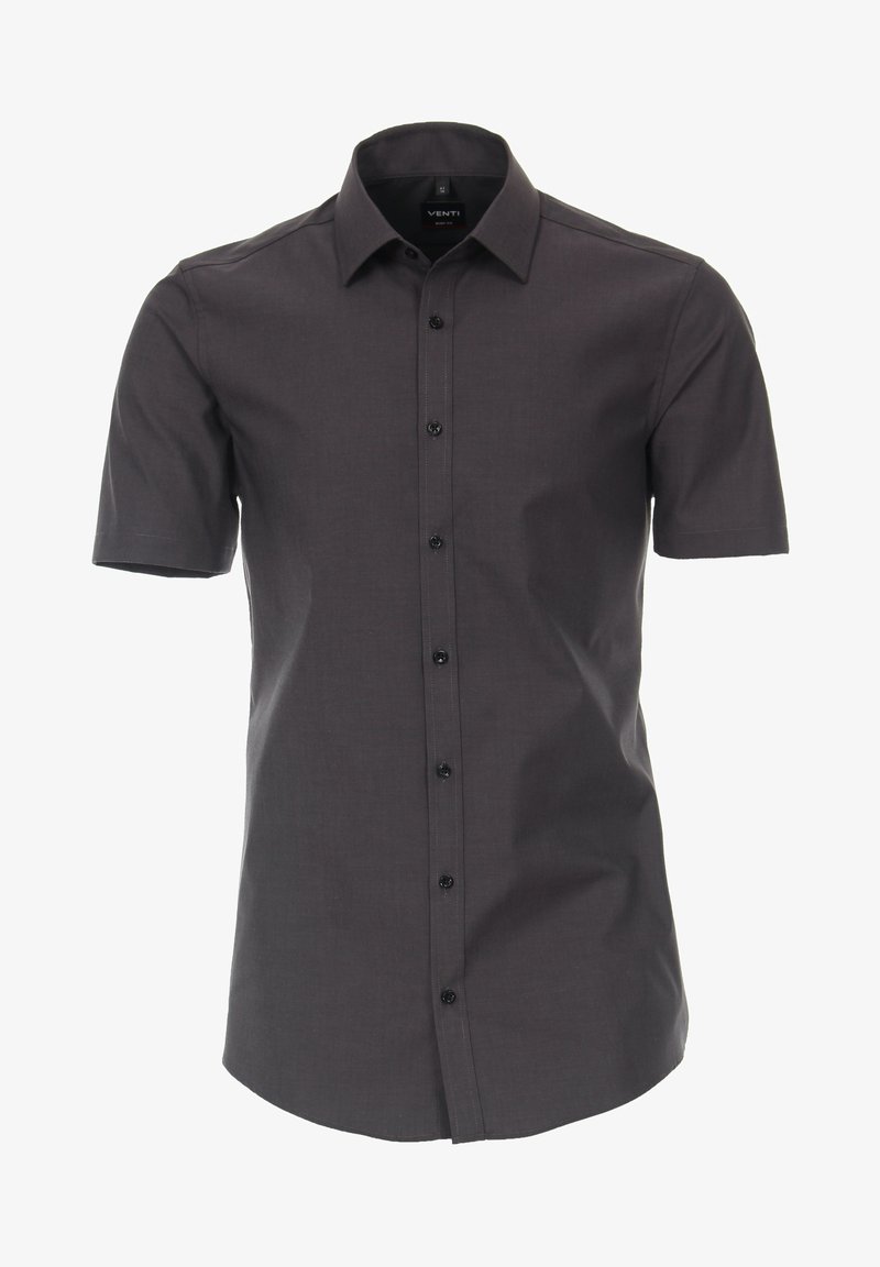 Korte mouw, antracietgrijs overhemd met knopen gemaakt van een katoenmix, met een puntkraag en zwarte knopen aan de voorkant.