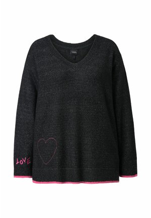 Black knitted sweater with a V-neck, featuring pink embroidered "LOVE" and a heart on the front, with pink accents at the hem and sleeves.