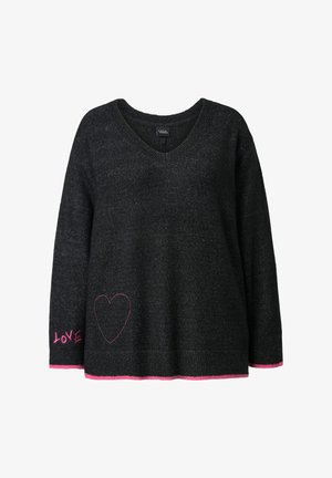 Black knitted sweater with a V-neck, featuring pink embroidered "LOVE" and a heart on the front, with pink accents at the hem and sleeves.
