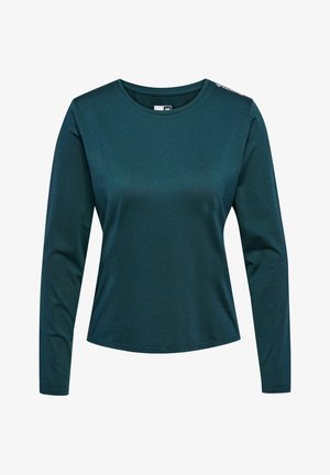 Mørk teal langærmet atletisk t-shirt med rund hals, subtilt tekstureret stof og lille hvidt logo på venstre skulder.