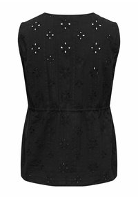 Zwarte mouwloze top met bloembroderie, uitgesneden accenten en een gather-taillering, gemaakt van lichte stof.