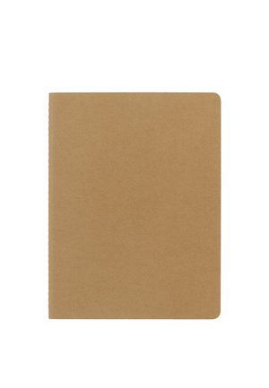 Quaderno di cartone marrone con rilegatura a spirale sul lato sinistro e angoli arrotondati sul lato destro, chiuso e visto da davanti.