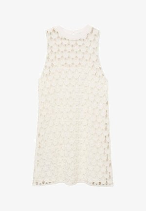 Robe en dentelle ivoire avec un motif en crochet festonné, sans manches, décolleté rond et fermeture par un trou de serrure à l'arrière.