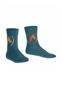 Türkise Baumwollsocken mit einem Pferdemotiv und floralen Akzenten, mit einem gerippten Bündchen für zusätzlichen Komfort. Knöchellange Ausführung.