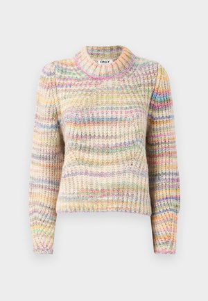 Mehrfarbiger gestrickter Pullover mit gerippter Textur, der einen hohen Kragen, lange Ärmel und abwechselnde Streifen in Pastellnuancen aufweist.