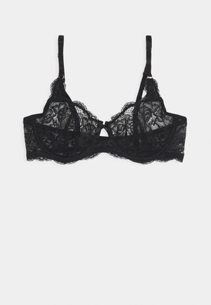 Schwarze Spitzen-Bralette mit floralen Mustern, Unterwäsche-Unterstützung, verstellbaren Satin-Trägern und einem zentralen dekorativen Schleifendetail.