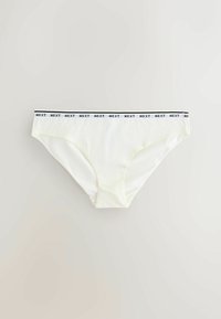 Culotte de bikini blanche avec une taille élastique noire et blanche ornée du logo texte "NEXT" répété.