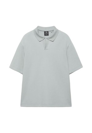 Polo a maniche corte grigio chiaro con colletto e abbottonatura, mostrata distesa su uno sfondo bianco.