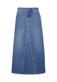 Falda de mezclilla con cintura alta, diseño acampanado y una costura central con una ligera abertura. Lavado azul claro con un sutil desteñido.