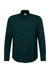 Camicia verde a maniche lunghe con un motivo floreale, apertura con bottoni e colletto classico. Realizzata in tessuto con una finitura leggermente strutturata.