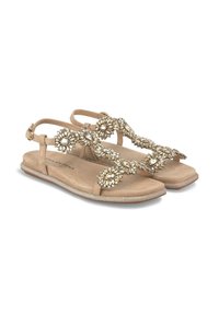 Sandali beige con dettagli decorativi in gemme, suola piatta e cinturini alla caviglia per una vestibilità sicura. Materiale morbido e accenti di glitter discreti.