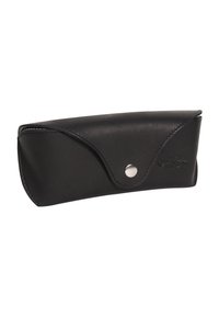 Black leather eyeglass case with silver snap button closure and subtle embossed brand logo on front side.