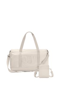 Hellbeige Nylon-Dufflebag mit zwei Griffen, einem abnehmbaren Schultergurt und einem kleinen passenden Täschchen, mit einer strukturierten Oberfläche.