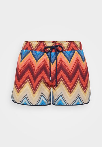 Krāsainas peldbikses ar zīmulējošu rakstu sarkanā, zilā, dzeltenā un bēša krāsā. Regulējama saistviela viduklī un melni akcenti.