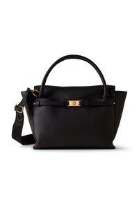 Schwarze Lederhandtasche mit strukturiertem Finish, in einer strukturierten Form, mit zwei Griffen, goldfarbenen Beschlägen und einem abnehmbaren Schultergurt.