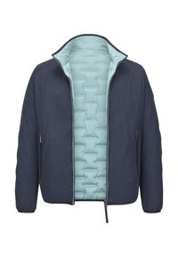 Marineblaue Jacke mit leichter Textur, ausgestattet mit einem hellblauen, gesteppte Innenfutter, hohem Kragen und vorne mit Reißverschlusstaschen.