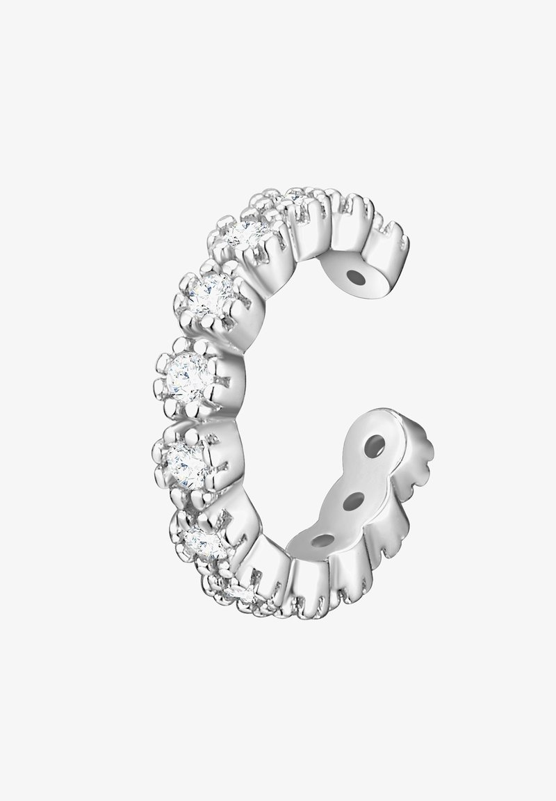 Sidabrinė lankinė auskarų forma su skaidriais apvaliais kubiniais zirconijų akmenimis, kurie įstatyti į įtvirtinimus, turinti lygią, blizgią paviršių ir kelias angas.