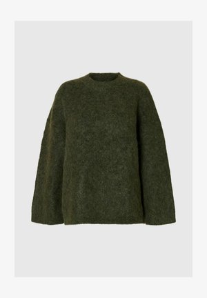 Pull en maille vert foncé, épaisseur moyenne, col rond, coupe oversize, tissu texturé avec une surface duveteuse, manches longues.