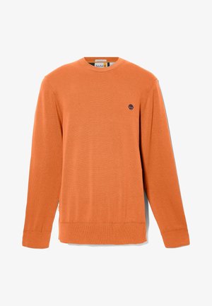 Oranje gebreide trui met ronde hals, lange mouwen, geribbelde manchetten en zoom, met een klein marineblauw logo op de linkerborst.