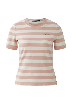 Short-sleeve knit top with horizontal pink and white stripes, round neckline, embroidered "oui oui" text on chest, and button details on side hem.