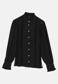 Blusa nera a maniche lunghe con colletto alto, polsini arricciati, chiusura a bottoni e pannelli in pizzo lungo la parte anteriore e le maniche.