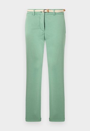 Lys grønne bukser lavet af bomuld, med en lige ben-design, vævet beige bælte og forlommer. Glat tekstur med minimal syning.