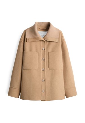 Tan wool blend jacket with a ribbed collar, front button closure, and two large patch pockets on the chest. Smooth texture, relaxed fit.