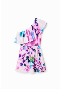 Vestido de un solo hombro con un escote con volantes, tejido ligero y un fondo rosa brillante con coloridos patrones florales.
