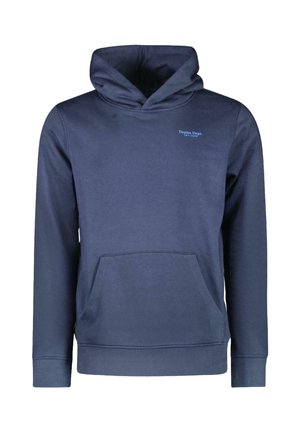 Marineblauwe hoodie met een voorzak en een capuchon met trekkoord. Voorzien van een klein tekstlogo "Denim Dept." aan de bovenste linkerkant.