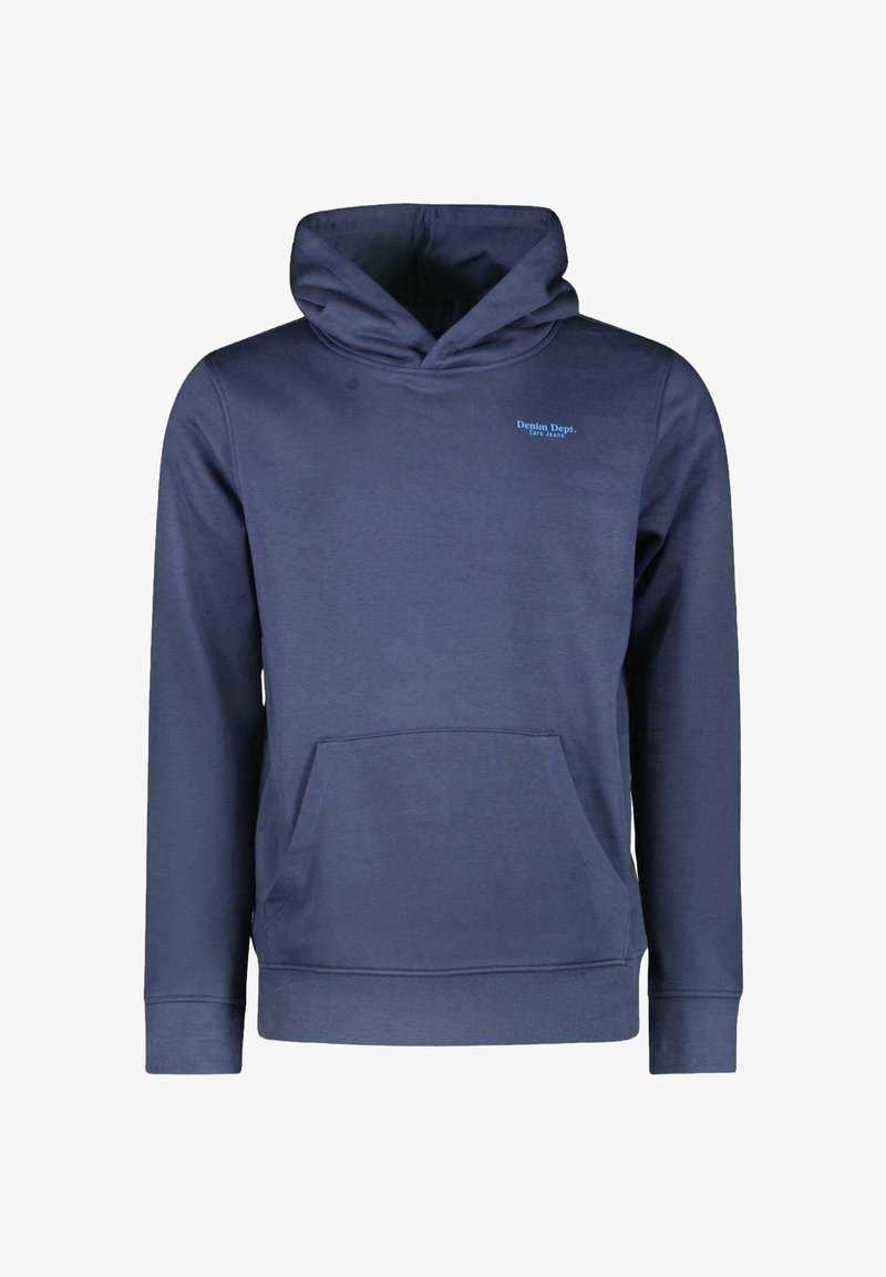 Marineblauwe hoodie met een voorzak en een capuchon met trekkoord. Voorzien van een klein tekstlogo "Denim Dept." aan de bovenste linkerkant.