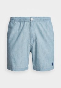 Ljusblå, lätta tygshorts med elastisk midja, knappstängning och en liten broderad logotyp på nedre högra sidan.