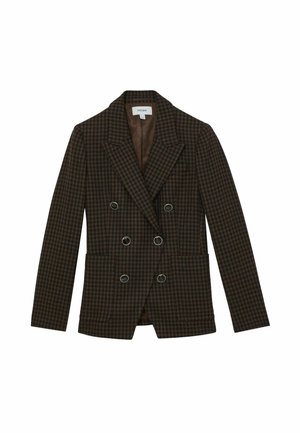 Divkrūšu bleizers brūnā houndstooth rakstā, ar iegrieztiem uzgaļiem, divām priekšējām kabatām un apaļām sudraba krāsas pogām.