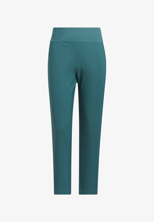 Teal stretch pants featuring a wide waistband, tapered ankle, smooth texture, and no visible pockets. Lightweight and form-fitting design.