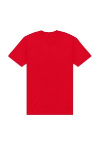 Rød bomulds T-shirt med korte ærmer, rund hals, og en ensfarvet bagside. Glat tekstur, normal pasform uden synlige mønstre eller detaljer.