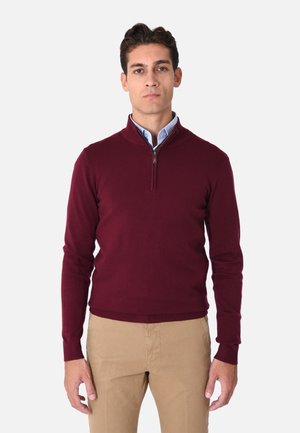 Maglione zip-up bordeaux con colletto e polsini a costine, texture a maglia, indossato sopra una camicia colletto azzurra, abbinato a pantaloni beige.