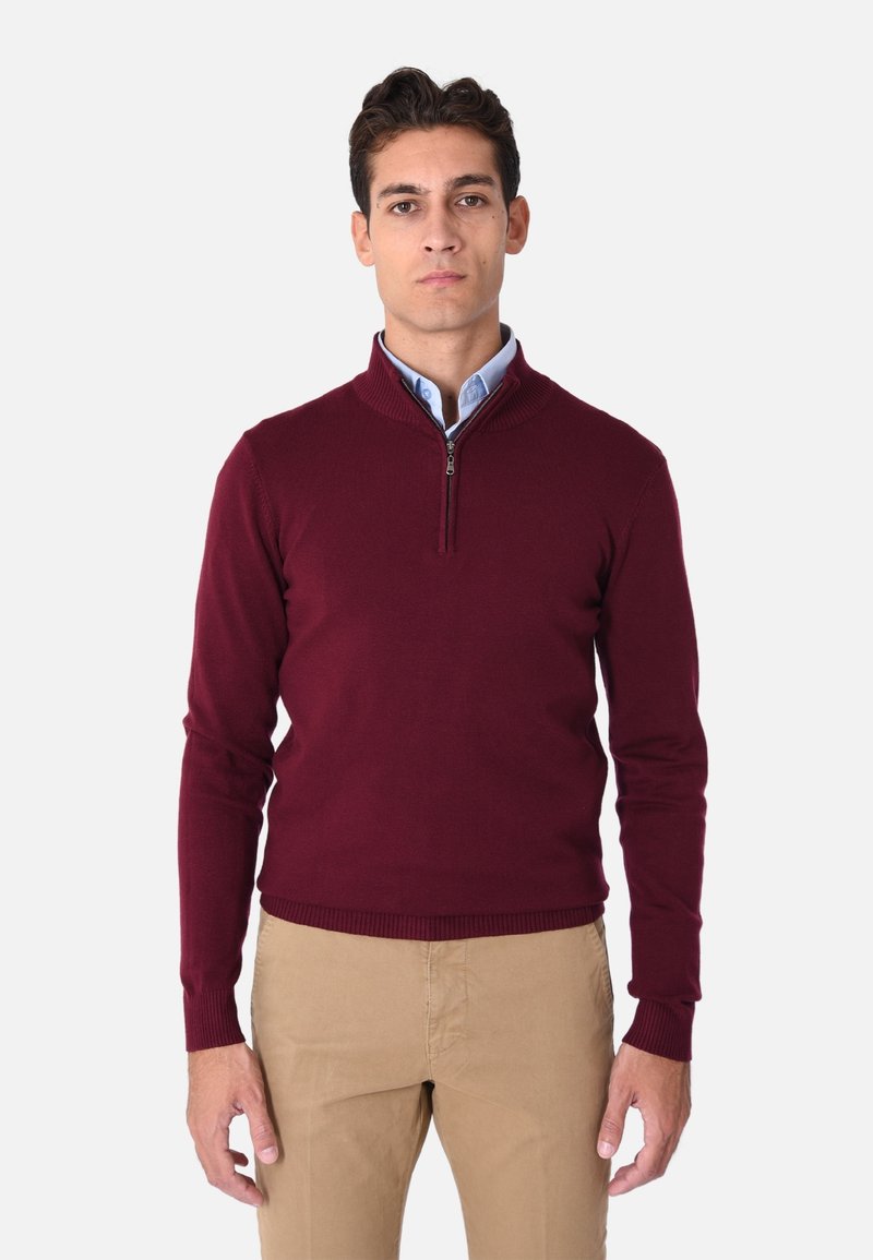 Maglione zip-up bordeaux con colletto e polsini a costine, texture a maglia, indossato sopra una camicia colletto azzurra, abbinato a pantaloni beige.