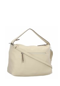 Sac à main en cuir beige avec une finition texturée, comportant une bandoulière, une poignée supérieure et une poche zippée à l'avant.