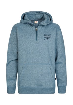 Niebieska melanżowa bluza z kapturem z przednim zamkiem błyskawicznym, kieszenią kangura, prążkowanymi mankietami i małym logo "Petrol & Co Iron Works" na piersi.