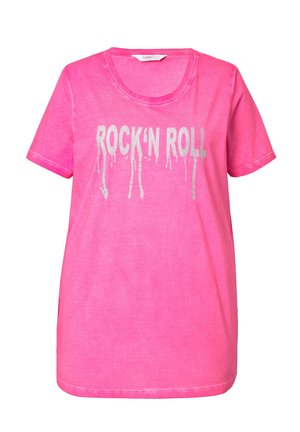 T-shirt in cotone rosa brillante con colletto rotondo, maniche corte e testo argentato "ROCK'N ROLL" con effetto gocciolante. Morbido al tatto.