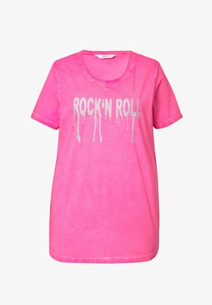 T-shirt in cotone rosa brillante con colletto rotondo, maniche corte e testo argentato "ROCK'N ROLL" con effetto gocciolante. Morbido al tatto.