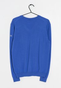 Blauer Pullover aus weichem Material, mit langen Ärmeln, gerippten Bündchen und Saum sowie einem Logodetail am linken Ärmel.