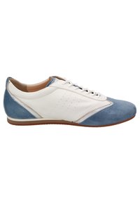 Low-profile sneaker made from white leather and blue suede. Features perforated detailing and a brown rubber sole. Lace-up design.