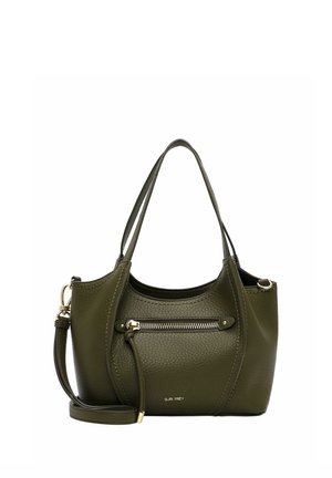 Sac à main en cuir texturé vert olive avec doubles poignées, poche zippée à l'avant, bandoulière amovible et garnitures dorées.