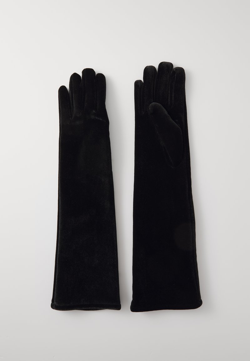 Gants en velours noir, de longueur longue, texture douce, conception ajustée avec cinq doigts, finition lisse, sans matériel ou accents visibles.