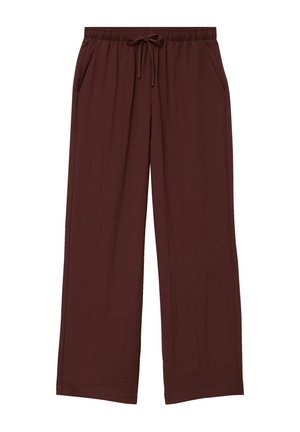 Pantalon ample marron foncé avec taille élastique et cordon de serrage, doté de poches latérales et de jambes larges droites.