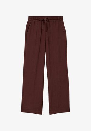 Pantalon ample marron foncé avec taille élastique et cordon de serrage, doté de poches latérales et de jambes larges droites.