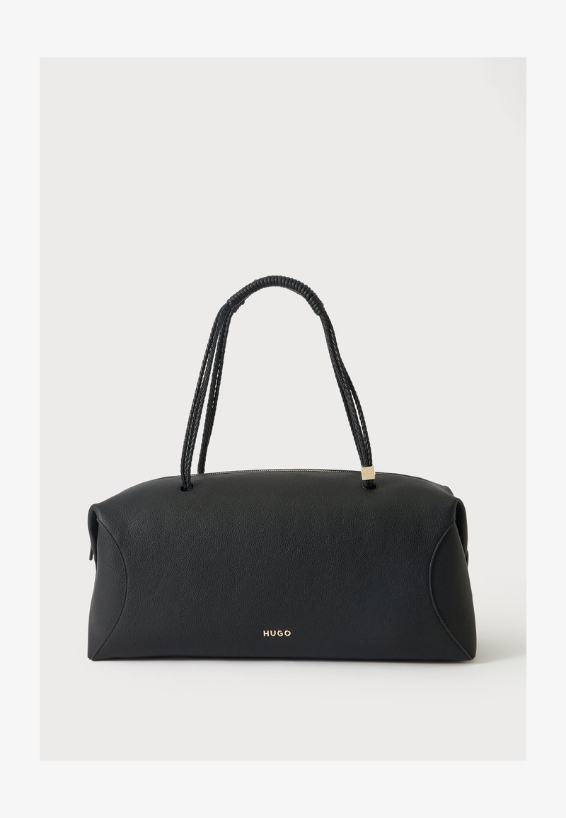 Sac à main rectangulaire noir avec anses doubles tressées et logo doré "HUGO" au centre avant sur fond blanc.